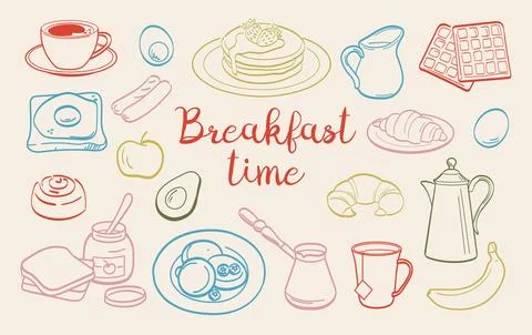 Breakfast Time Doodle Set. Hand drawn sketches of coffee, pancakes, omelet Stock Illustration