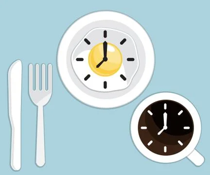 Breakfast time fried egg and coffee with clock vector illustration Illustrazione stock