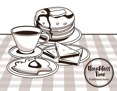 Breakfast time lettering in circular frame poster with coffee and pancakes Stock Illustration