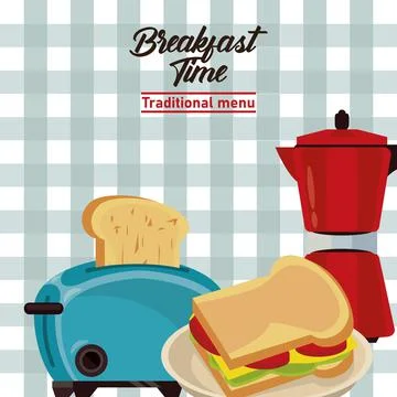 Breakfast time lettering poster with bread toaster and sandwich Stock Illustration