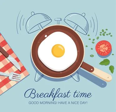 Breakfast time poster. Saucepan with fried eggs and tomato slice. Healthy Stock Illustration