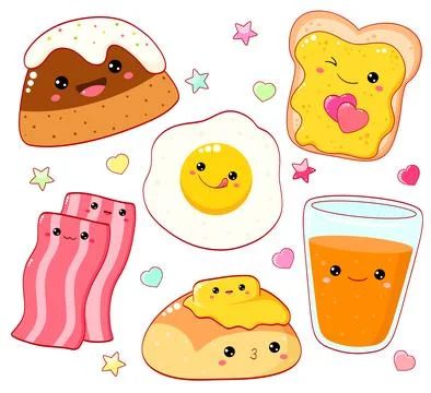 Breakfast time. Set of cute food icons in kawaii style for sweet design. Sc.. Stock Illustration