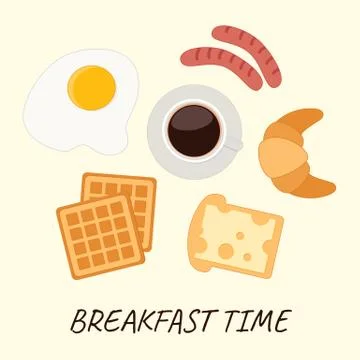 Breakfast time set: fried eggs, sausages, coffee, bread with cheese, croissan Stock Illustration