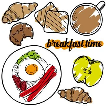 Breakfast time vector sketch set. Hand drawn design elements Stock Illustration