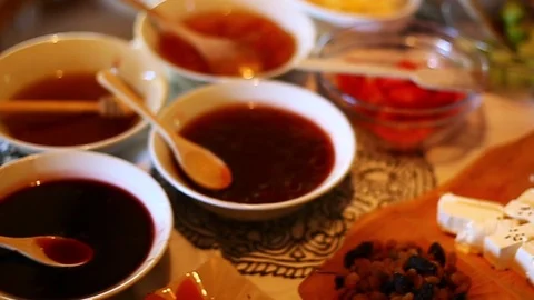 Breakfast time on wooden table Stock Footage 93399107