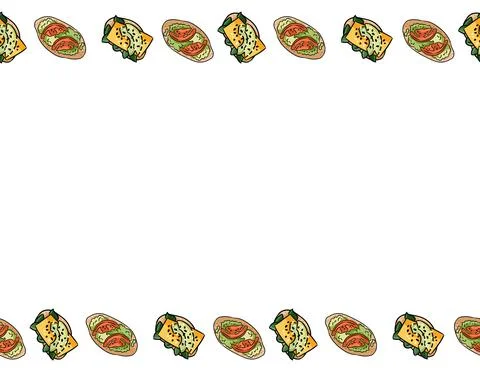 Breakfast toasts doodles seamless border pattern. Cute cartoon tasty tapas wi Stock Illustration