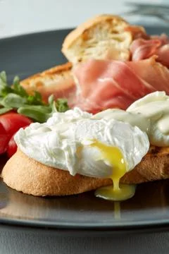 Breakfast - toasts, eggs, bacon Stock-Fotos