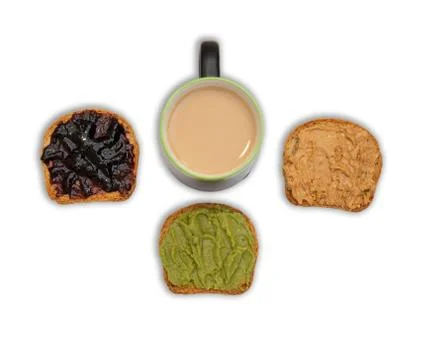 Breakfast toasts isolated on white with shadow and a cup of coffee Stock Photos