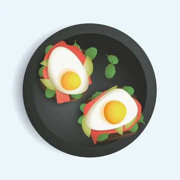 Breakfast toasts with red fish and fried eggs. Morning meals. Illustrazione stock