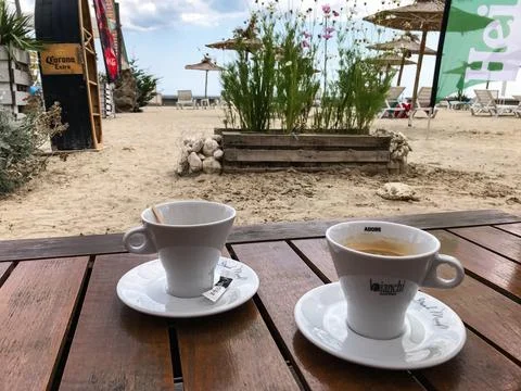 Breakfast for two in a cafe on the beach, romantic. Foto stock