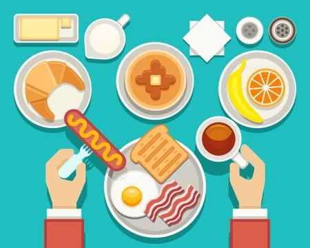 Breakfast vector concept with fresh food and drinks top view イラスト素材