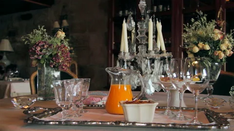 Breakfast on a vintage room, with old table and decoration epoch. Stock Footage 63371186