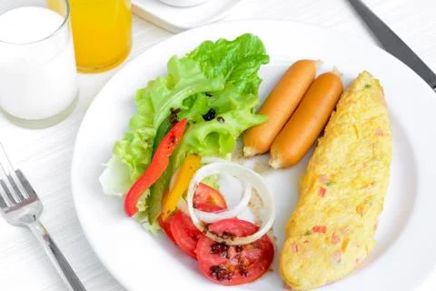 Breakfast on white table Stock Photos