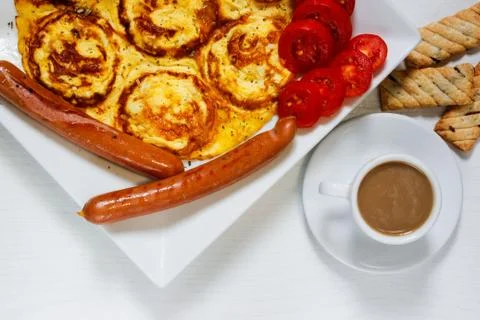 Breakfast on a white wooden background Stock-Fotos