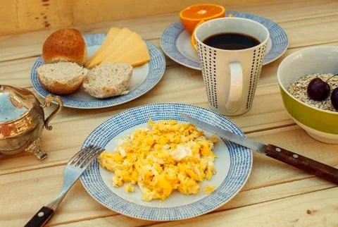 Breakfast on the wooden table Stock Photos