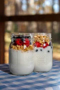 Breakfast of Yogurt, Berries, and Granola Stock Photos