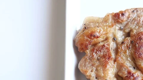 Breakfast,Include,pork steak,Fried egg, bread and banana Stock Footage 70114478