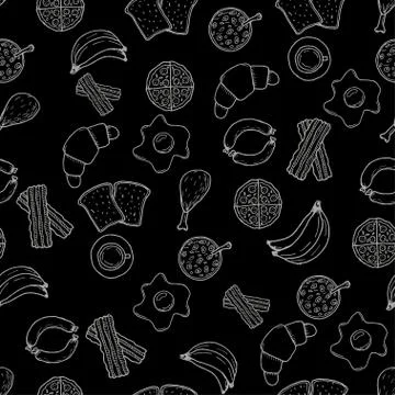Breakfest hand drawn seamless pattern over black background Stock Illustration