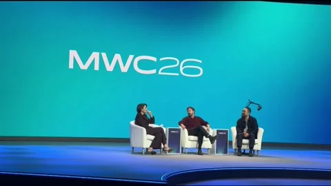 Breaking Bad actor Aaron Paul talks about technology addiction at MWC, L'Hospita Stock Footage 330010349