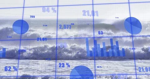 Breaking central wave with overlaid blue dashboard moving toward shore, with  Stock Photos