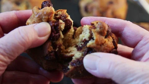 Breaking chocolate chip muffin in half Stock Footage 102748583