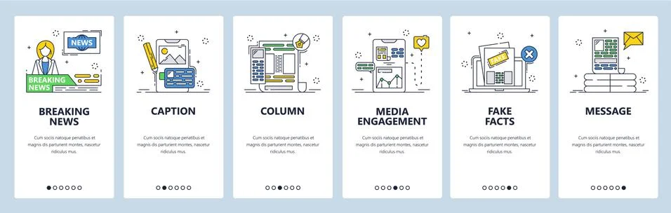 Breaking column caption fake news. Mobile app onboarding screens, vector website Stock Illustration