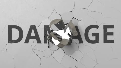 Breaking concrete wall with painted DAMAGE word. Conceptual 3D rendering Stock Illustration
