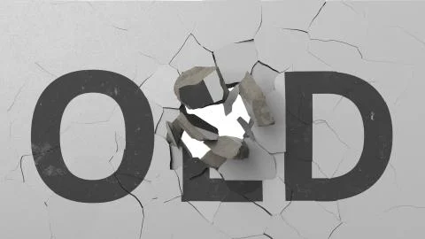Breaking concrete wall with painted OLD word. Conceptual 3D rendering Stock Illustration
