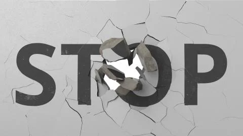 Breaking concrete wall with painted STOP word. Conceptual 3D rendering Stock Illustration