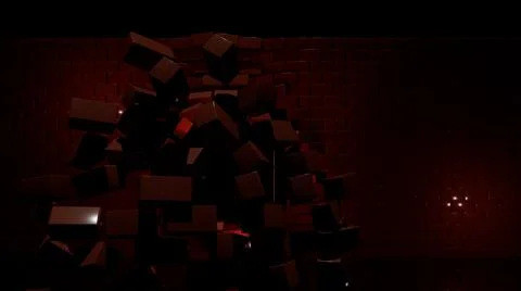 Breaking dark brick wall, concept of reconstruction. Design. Red lights behind Illustrazione stock