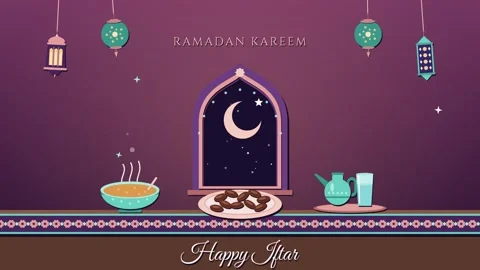 Breaking the fast at sunset with dates soup and water below lanterns Stock-Footage 348703091
