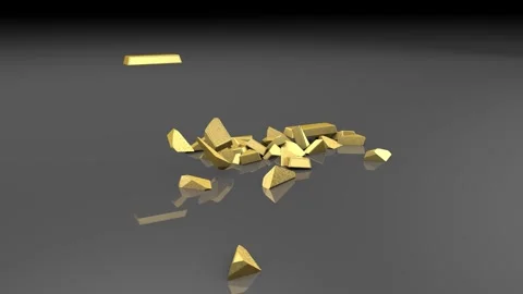Breaking gold bars on a glossy floor. 3D animation. Stock Footage 252088307