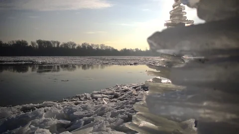 Breaking Of The Ice On The River Danube with ice sculpture Stock Footage 71414426