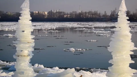 Breaking Of The Ice On The River Danube with ice sculpture Stock Footage 71414663