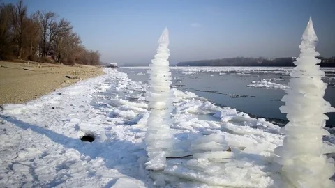 Breaking Of The Ice On The River Danube with ice sculpture Stock Footage 71414723