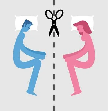 Breaking up a love relationship. Broken bed and couple. Guy and girl partin.. Stock Illustration
