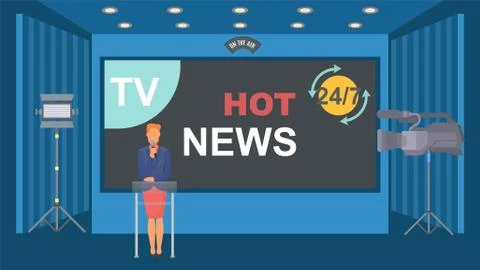 Breaking media news studio vector illustration. Woman presenter of news Stock Illustration