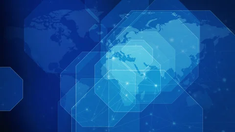 Breaking news on blue world map unveiling international web of information Stock Footage 253460596