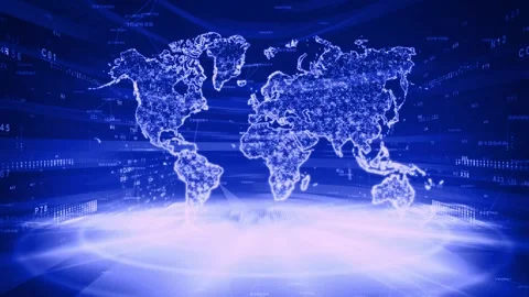 Breaking News Channel Virtual Studio Background Loop with Glowing Blue Map Video stock 341637387