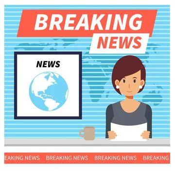Breaking news flat vector illustration concept. Female Newscaster in the tele Illustrazione stock