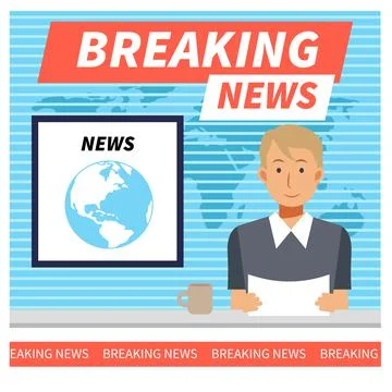 Breaking news flat vector illustration concept. Male Newscaster in the televi Stock Illustration