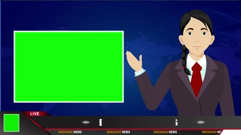 Breaking news lower third green screen display woman cartoon reporter talking Stock Footage 279260020