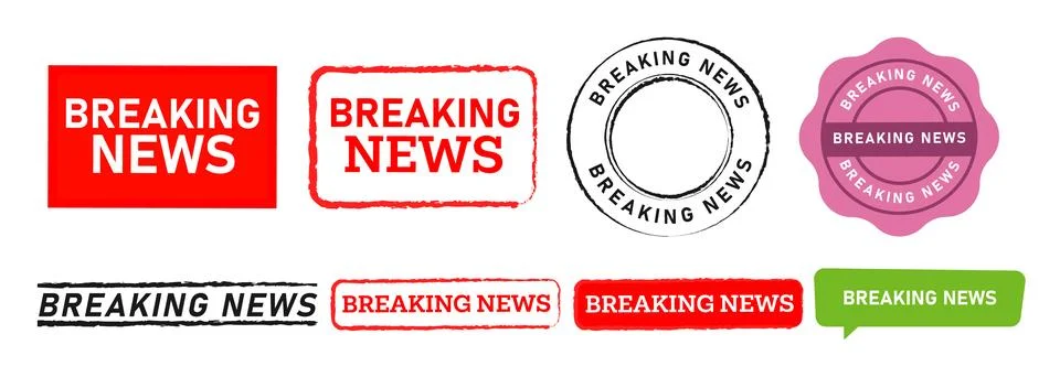 Breaking news rectangle circle stamp and speech bubble label sticker sign Stock Illustration