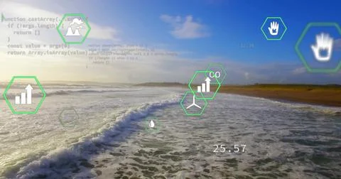 Breaking ocean wave rolling toward coastal shore, with green hexagonal data Foto stock