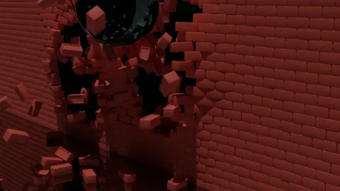Breaking red brick wall animation being wrecked by heavy metal spheres. Design Stock Footage 162794211