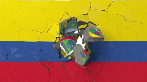 Breaking wall with painted flag of Ecuador. Ecuadorian crisis conceptual 3D Stock Illustration