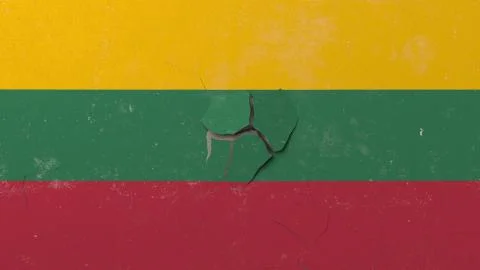Breaking wall with painted flag of Lithuania. Lithuanian crisis conceptual 3D Stock Illustration