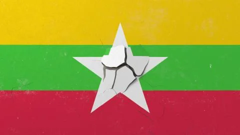 Breaking wall with painted flag of Myanmar. Myanma crisis conceptual 3D Illustrazione stock