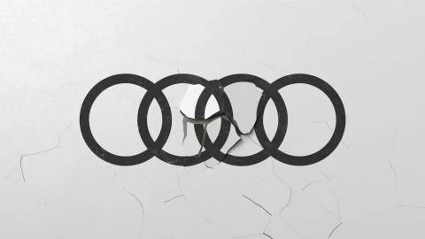 Breaking wall with painted logo of Audi. Crisis related editorial 3D rendering Stock Illustration