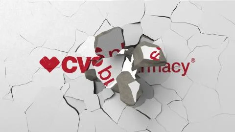 Breaking wall with painted logo of CVS pharmacy. Crisis related editorial 3D Illustrazione stock